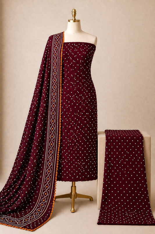 Cotton Satin Self Color 3Pc Kutch Unstitched Bandhani Dress Material
