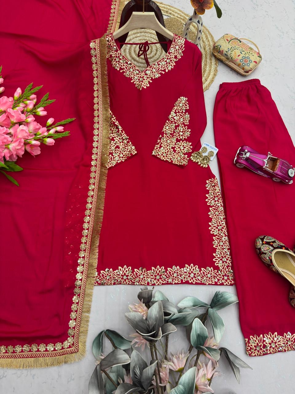 Chinon Silk Embroidery Kurti Palazzo Dupatta | Ready to Wear