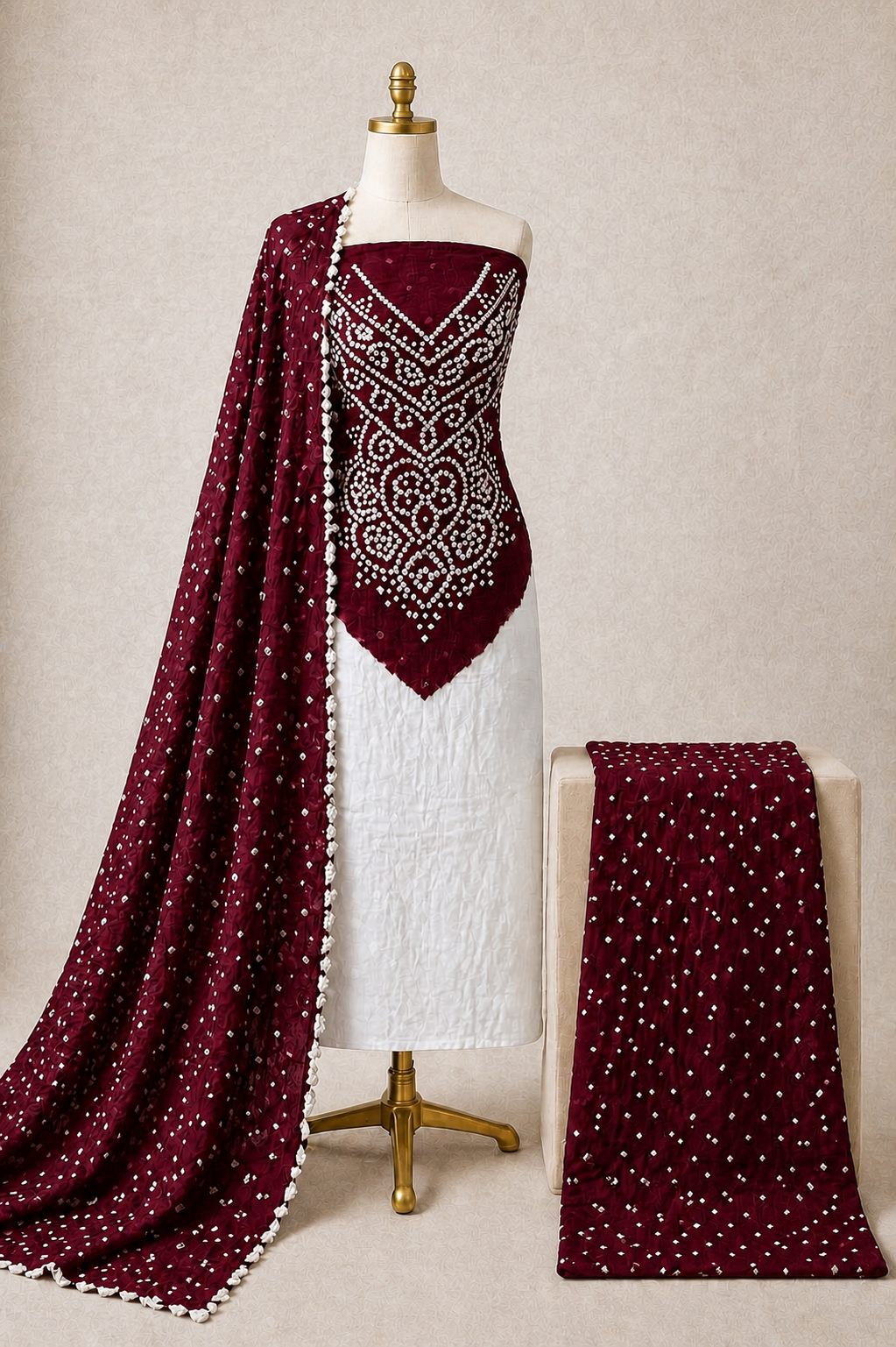 Cotton Satin Kusum Work 3pc Unstitched Bandhani Dress Material
