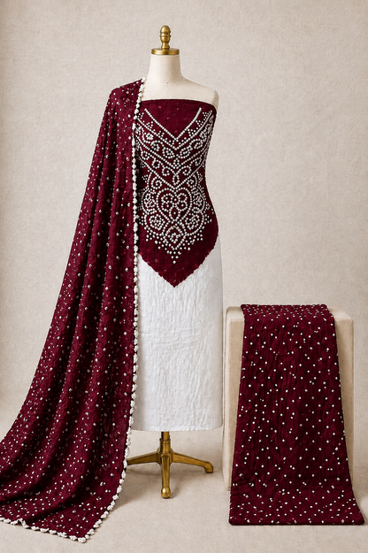 Cotton Satin Kusum Work 3pc Unstitched Bandhani Dress Material