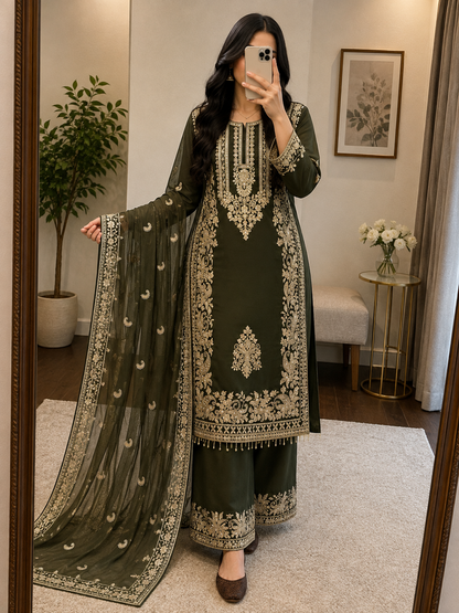 Faux Georgette Sequence Embroidery 3Pc Designer Kurti Pant Dupatta Set (Ready to Wear)
