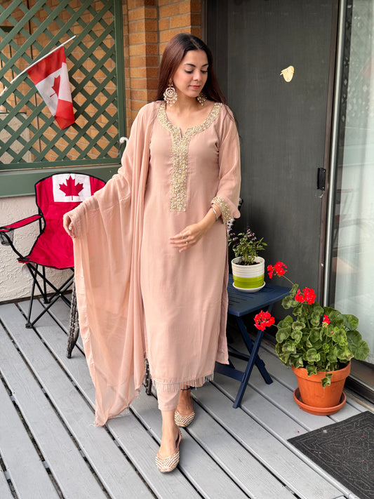 Faux Georgette Neckline Moti work Designer Kurti Pant Dupatta Set (Ready to Wear )