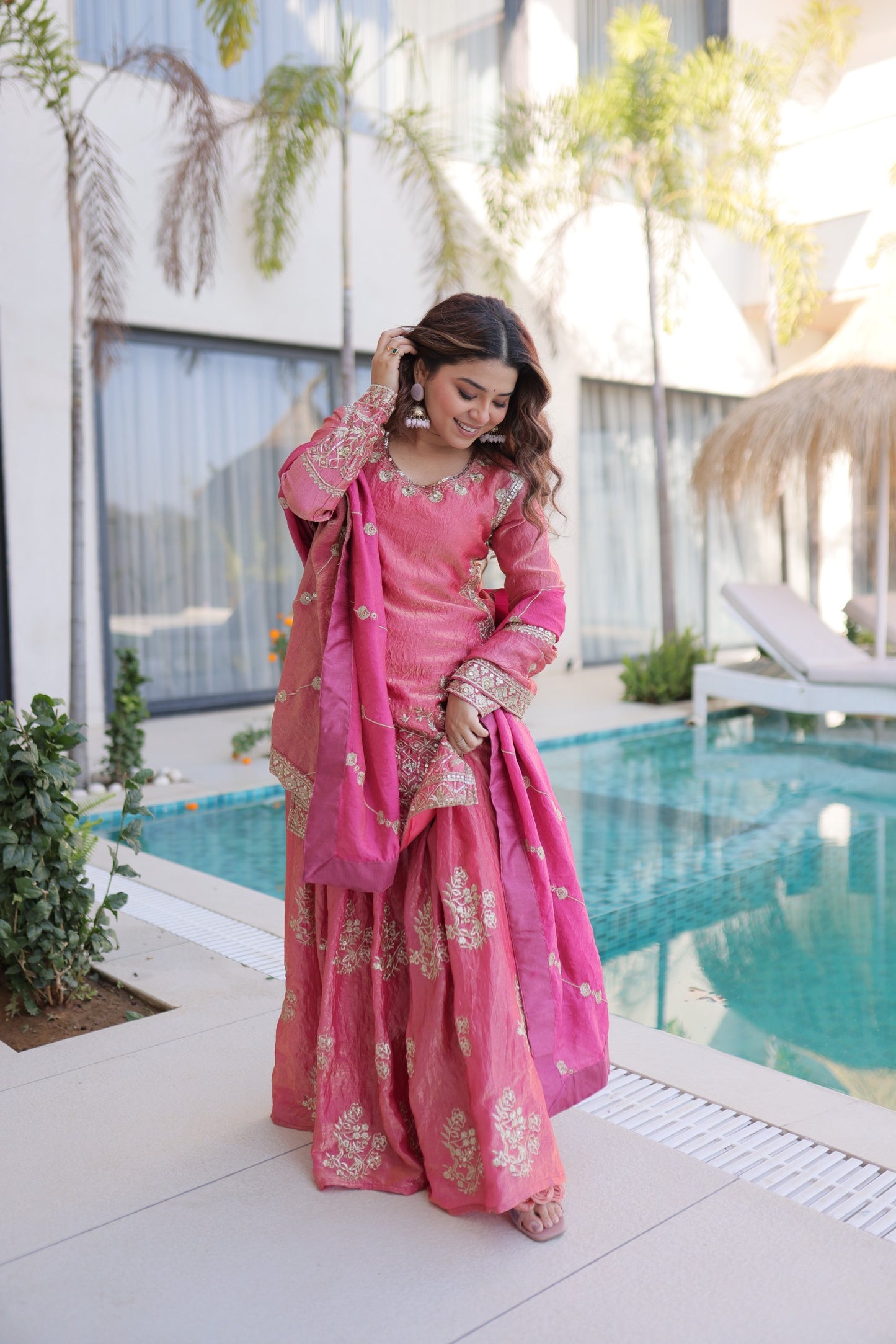 Fendi Silk Crush Sequence Embroidery Work Designer Kurti Sharara Dupatta Set