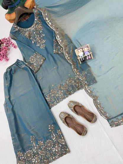 Silk Fabric Eid Special Designer Kurti Sharara Dupatta Set
