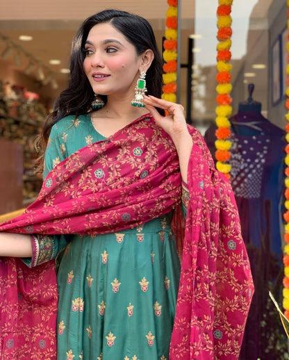 Roman Silk Foil Work Kurti Pant Dupatta Set (Stitched) - Premium  from Ethenika.com  - Just INR 2990! Shop now at Ethenika.com 