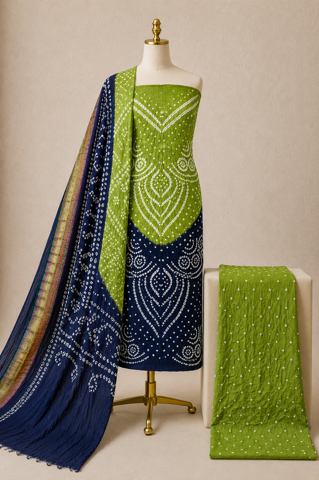 Multicolour Bandhani dress material with top, bottom and dupatta