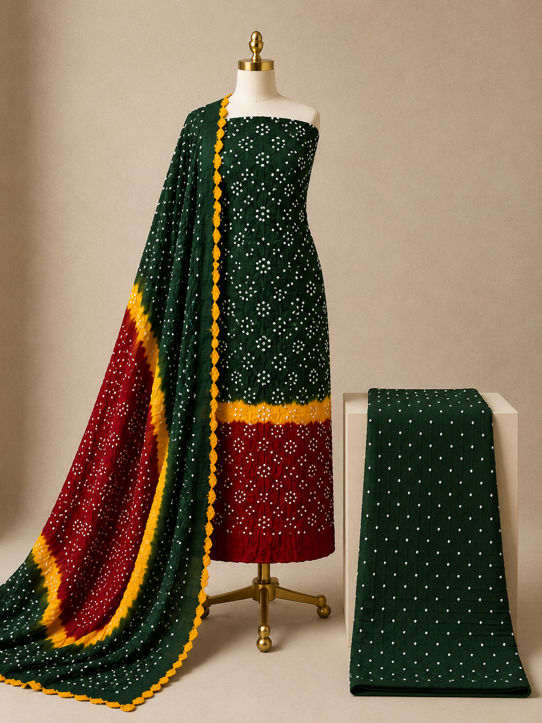 Cotton Satin Contrast Handmade Kutch 3Pc Unstitched Bandhani Dress Material