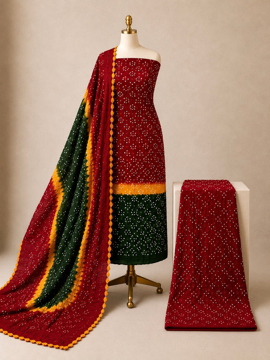Cotton Satin Contrast Handmade Kutch 3Pc Unstitched Bandhani Dress Material