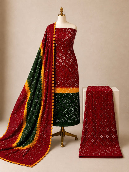 Cotton Satin Contrast Handmade Kutch 3Pc Unstitched Bandhani Dress Material