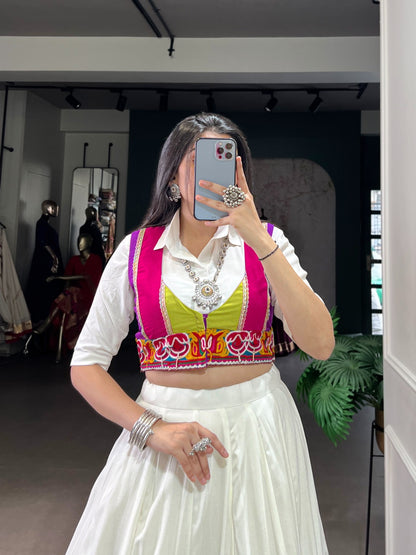 Rayon Multi Color Patch Lace Gamthi Kodi Work White Concept Navratri Special Lehenga Choli (Ready to Wear)