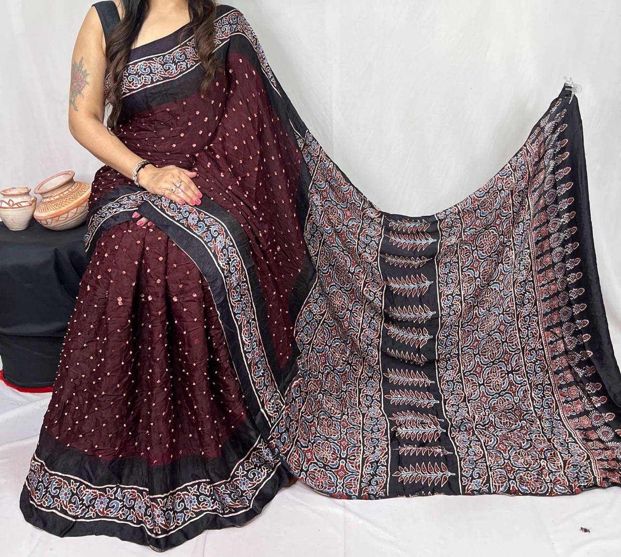 Pure Modal Silk Ajrakh Block Print with Bandhani Work Saree