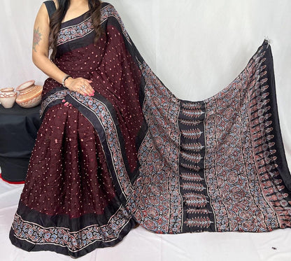 Pure Modal Silk Ajrakh Block Print with Bandhani Work Saree