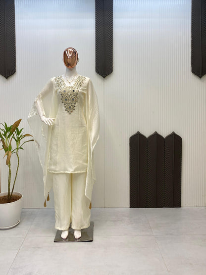 Fendi Silk Neck Read Mirror Work Embroidery DesignerKurti Palazzo Set (Ready to Wear)