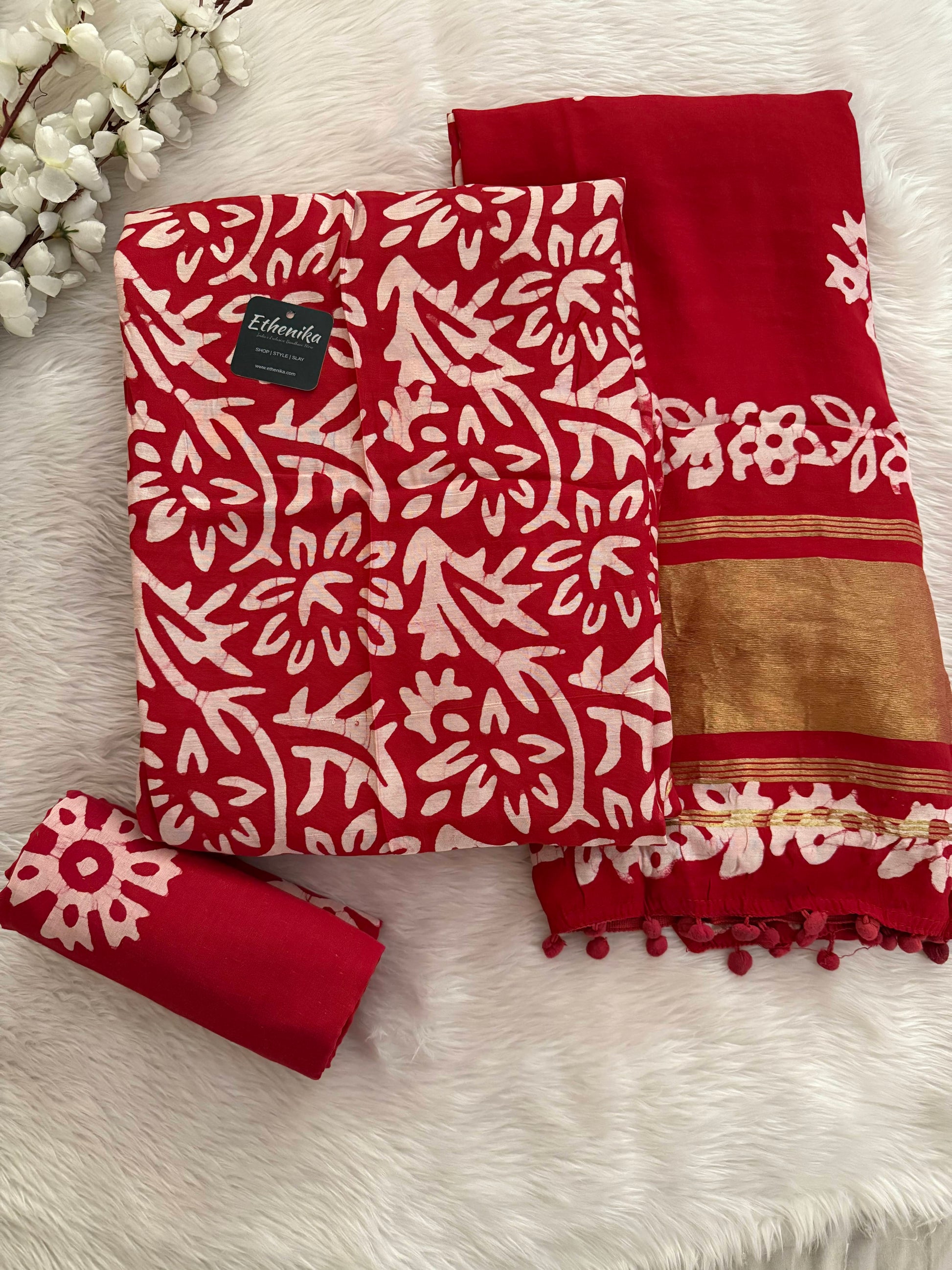 Gaji Silk Hand Blocked Batik Dress Material Rust
