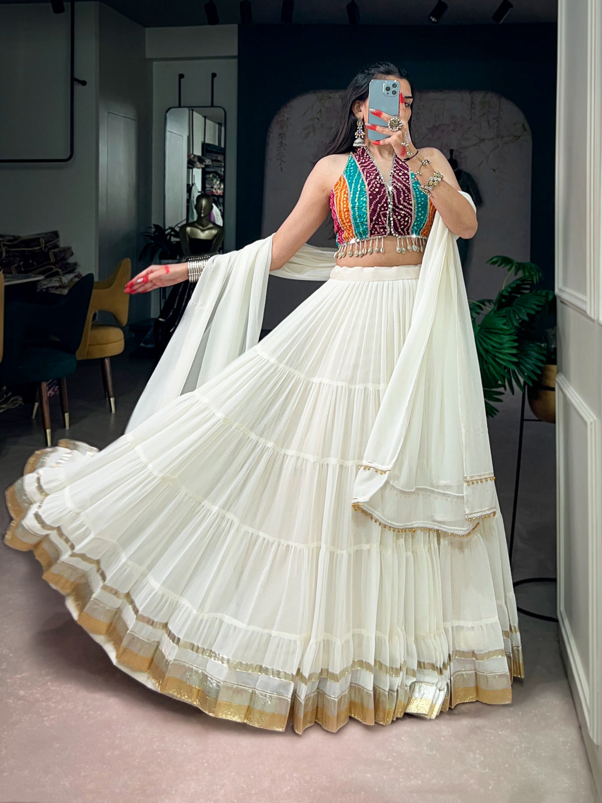 White Bandhani Mirror Work Chaniya Choli - lehenga close-up