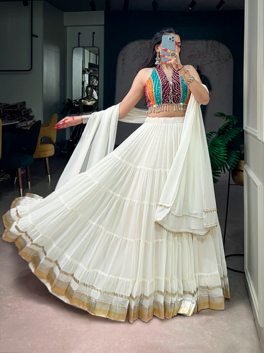 White Bandhani Mirror Work Chaniya Choli - lehenga close-up