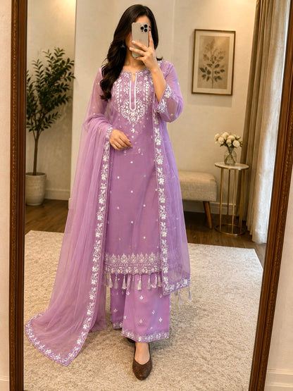 Faux Georgette Sequence Embroidery Work Designer 3Pc Party Wear Kurti Pant Dupatta Set