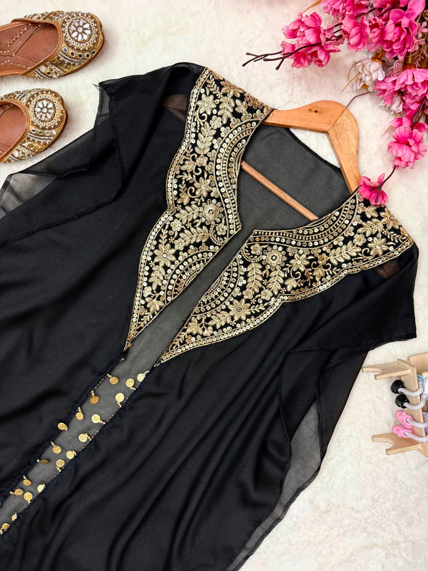Georgette Zari Embroidery Indowestern Shrug Jacket Set with Plazzo