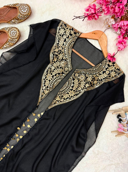 Georgette Zari Embroidery Indowestern Shrug Jacket Set with Plazzo