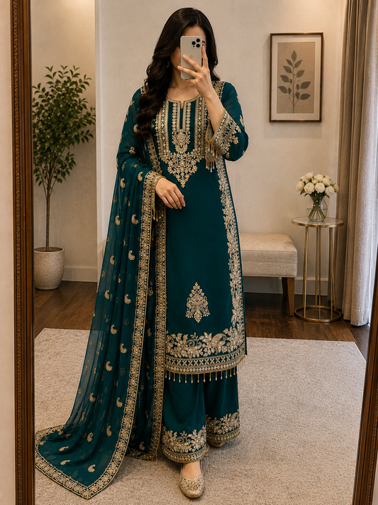 Faux Georgette Sequence Embroidery 3Pc Designer Kurti Pant Dupatta Set (Ready to Wear)