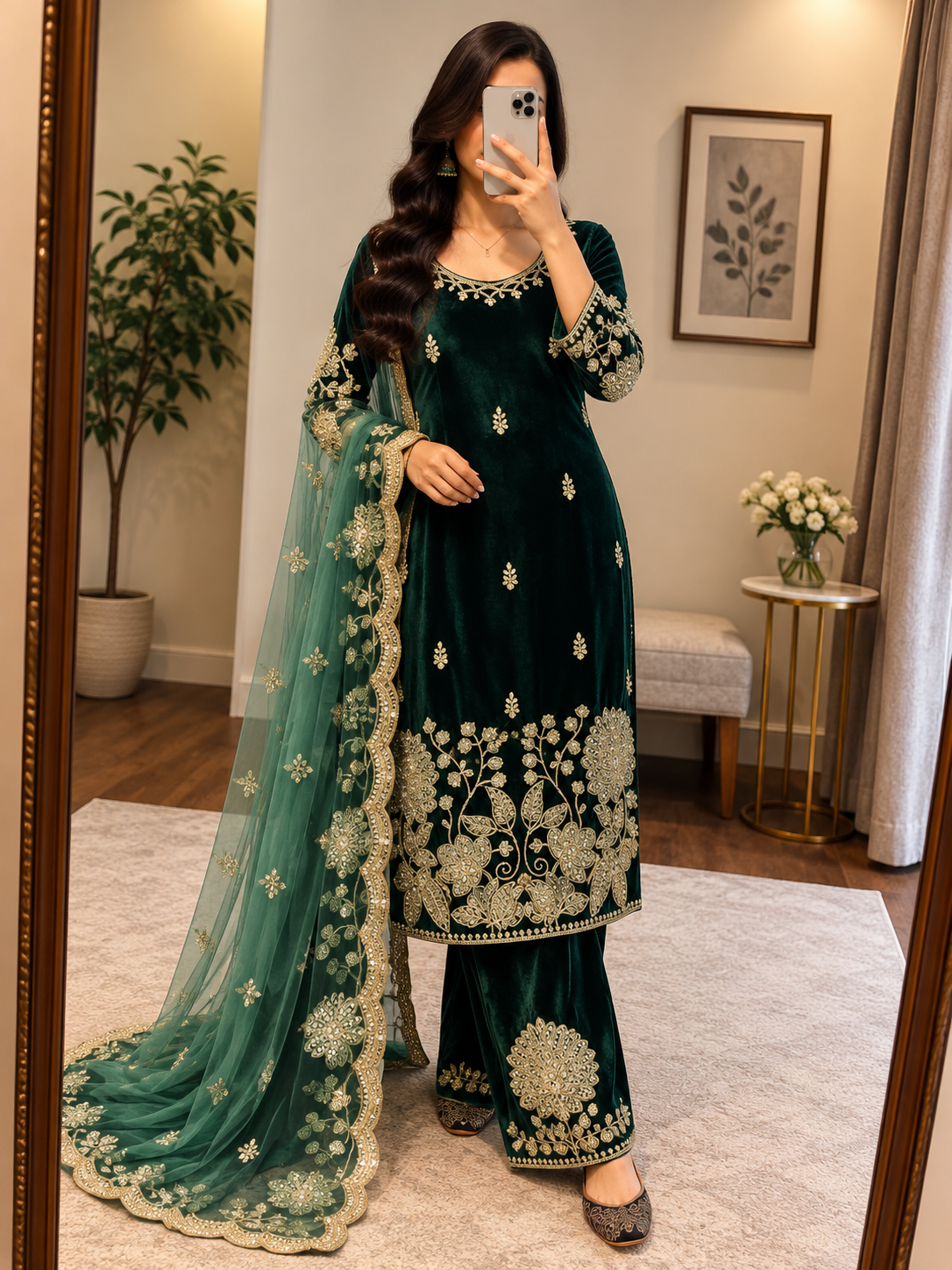 Viscose Embroidery Work Designer Ready to Wear Velvet Kurti Pant Dupatta Set