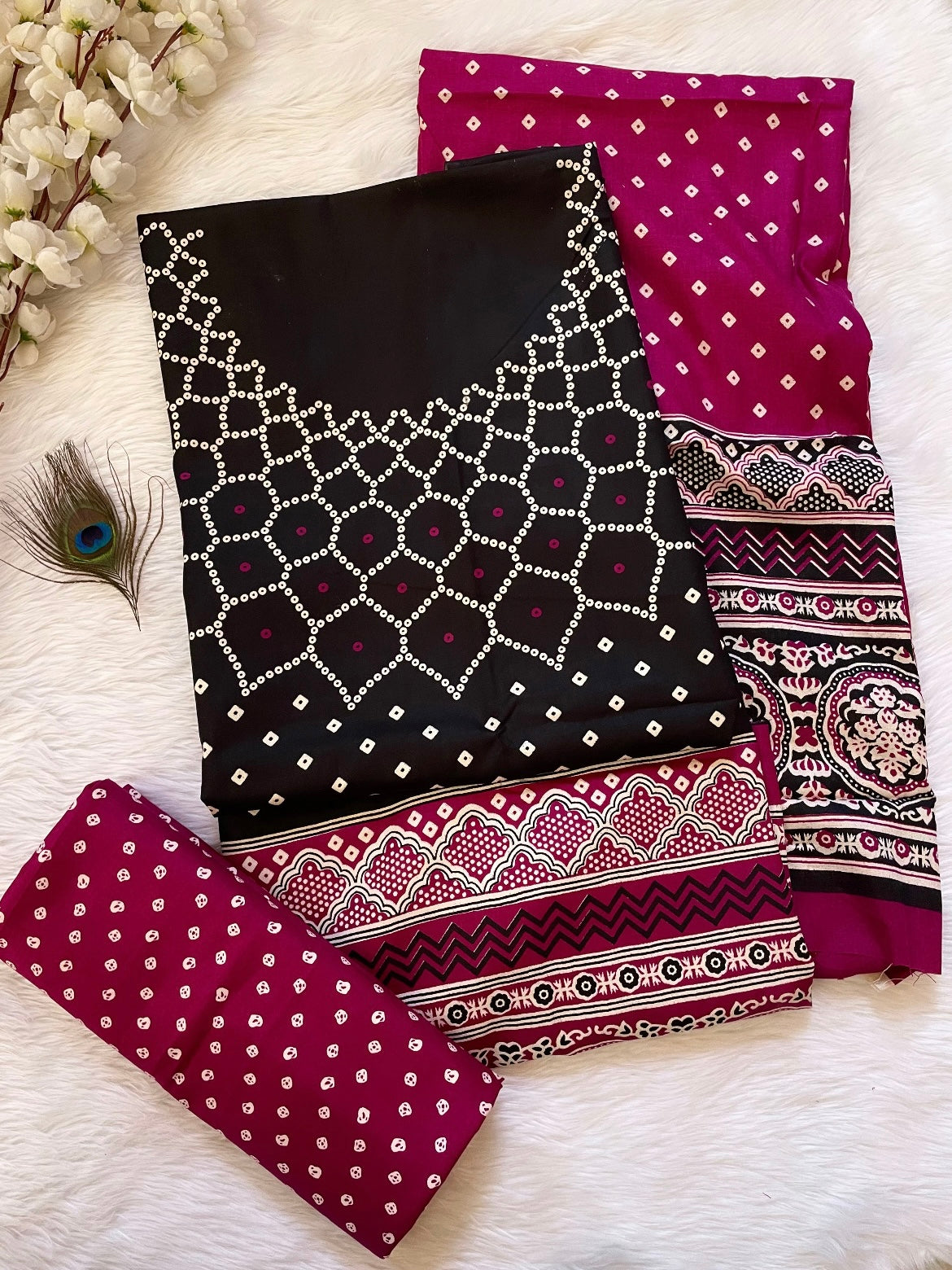 Rayon Cotton Ajrakh Hand block with Bandhani Print Dress Material (Unstitched) Black-Magenta