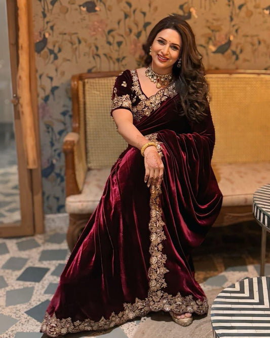 Designer Sequence Zari Work Party Wear Velvet Saree