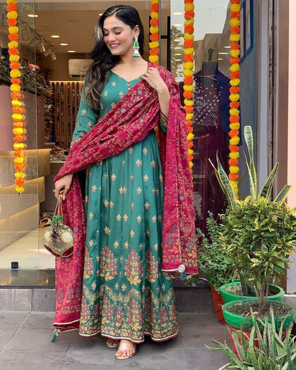 Roman Silk Foil Work Kurti Pant Dupatta Set (Stitched) - Premium  from Ethenika.com  - Just INR 2990! Shop now at Ethenika.com 