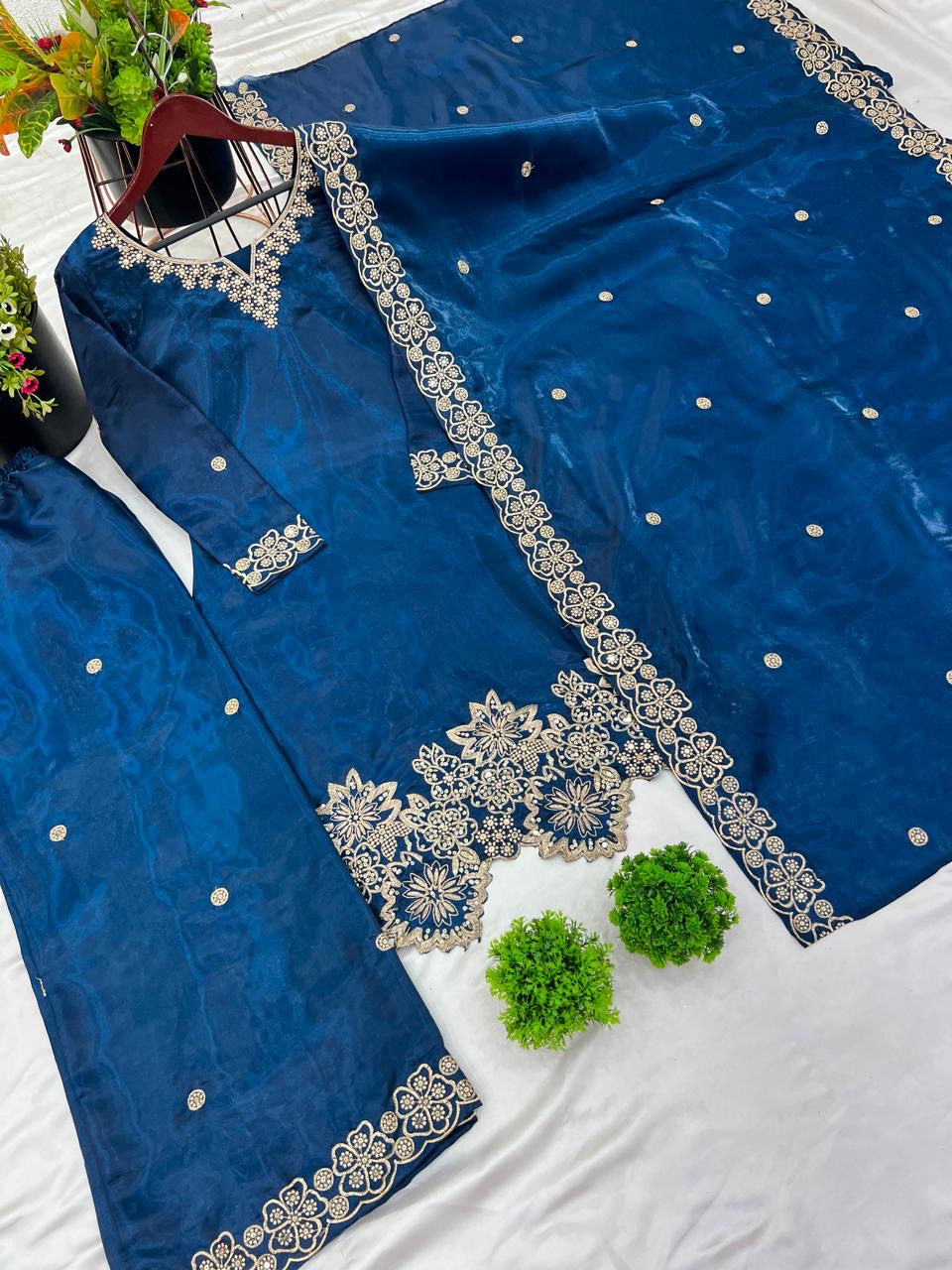 Designer Embroidery Kurti Palazzo Set | Jimmy Choo Silk | Ready to Wear