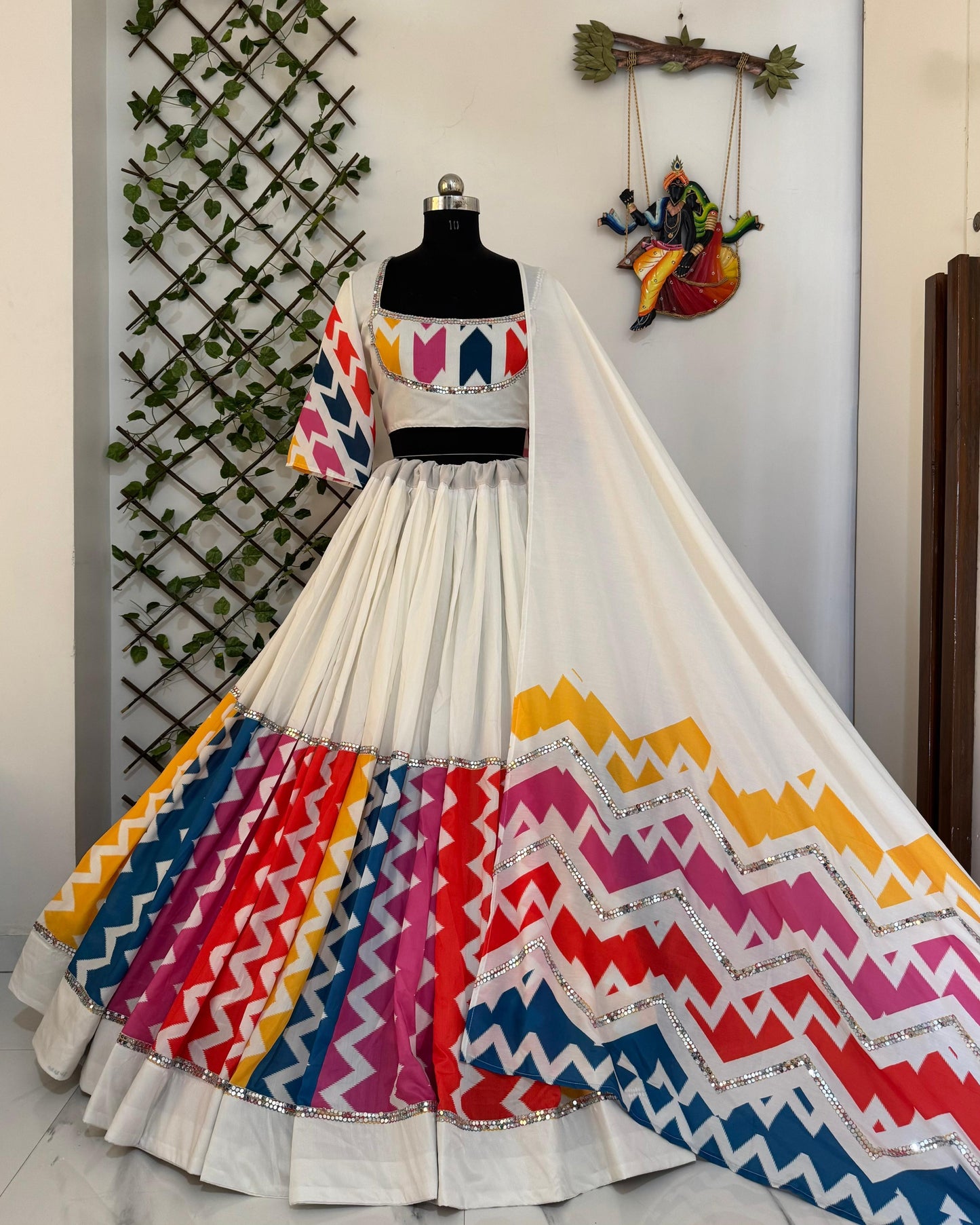 Muslin Cotton Mirror Work White Concept Multicolor Navratri Special Chaniya Choli