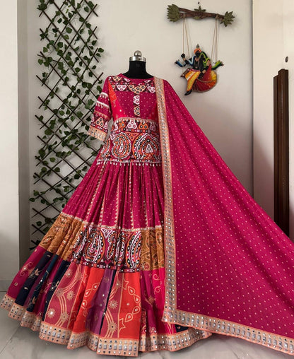 Muslin Digital Print Navratri Designer Chaniya Choli Set | Mirror Work | Free Size 38-44