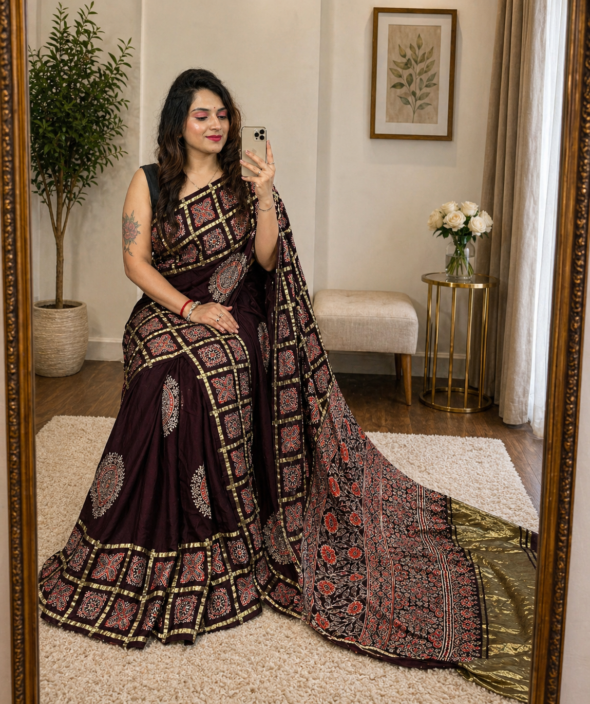 Modal Silk Golden Chex with Block Print Ajrakh Work Saree