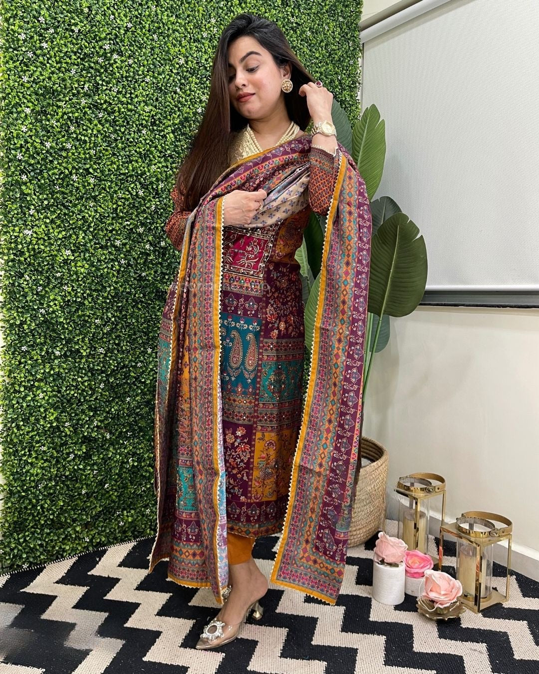 Muslin Real Mirror work Digital Print  Party wear Kurti Pant Dupatta set - Premium  from Ethenika.com - Just INR 2790! Shop now at Ethenika.com 