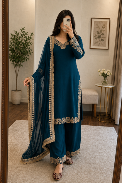 Chinon Silk Embroidery Kurti Palazzo Dupatta | Ready to Wear