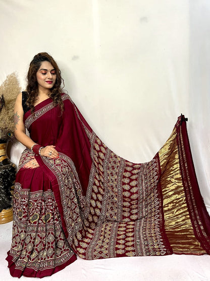 Modal fine Silk Hand Blocked Ajrakh work Saree - Premium  from Ethenika.com  - Just INR 5990! Shop now at Ethenika.com 