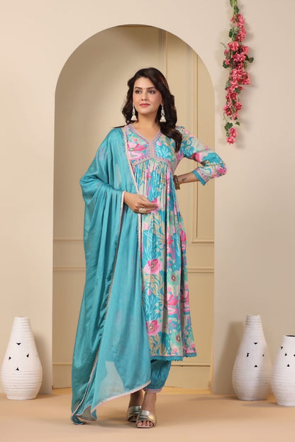 Muslin Alia Cut Zari Embroidery Digital Print work Kurti Pant Set (Stitched) - Premium  from Ethenika.com - Just INR 1990! Shop now at Ethenika.com 