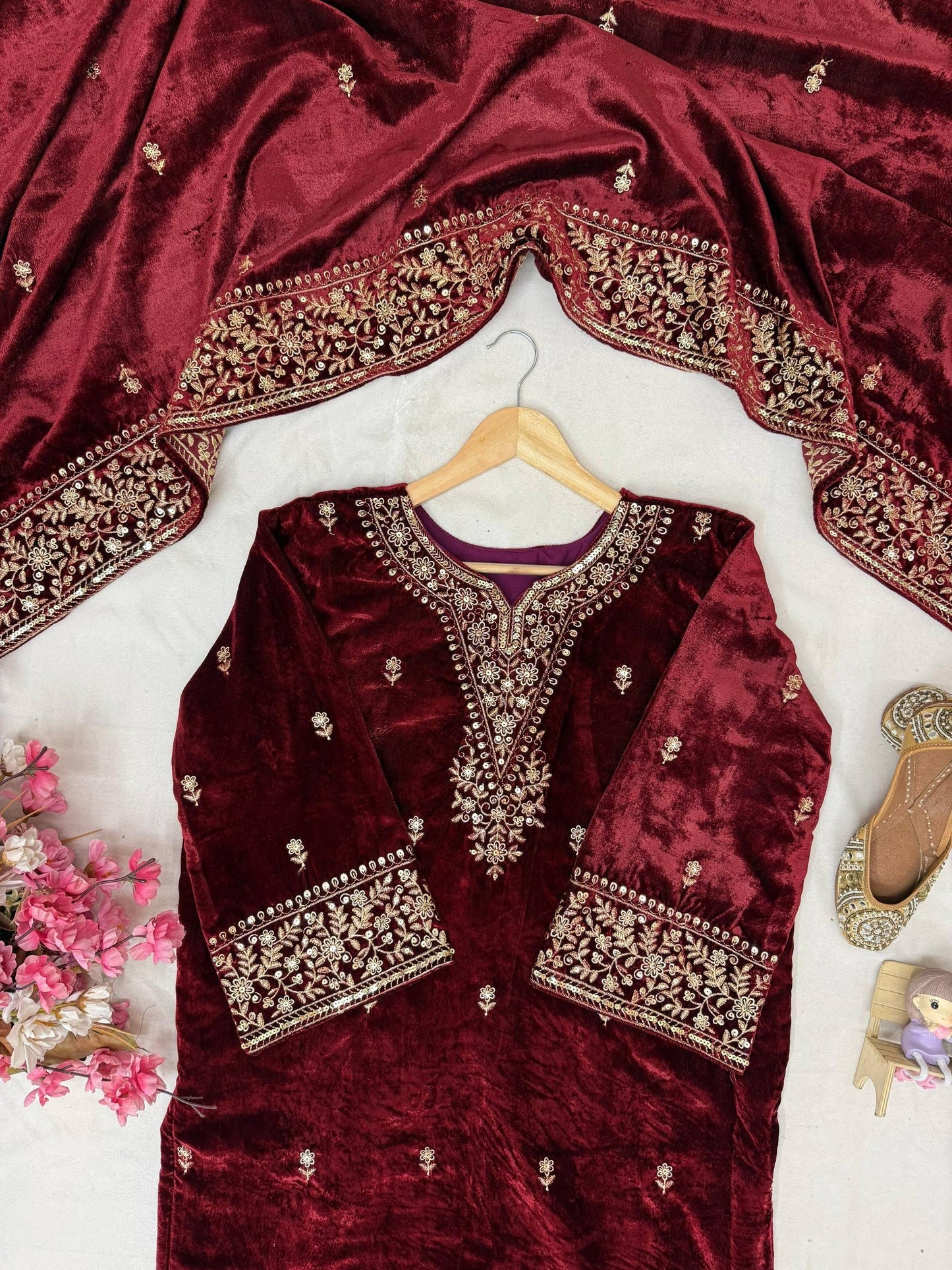 Ethenika Designer Embroidery Work Velvet Kurti Pant Dupatta Set (Ready to Wear)