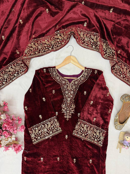 Ethenika Designer Embroidery Work Velvet Kurti Pant Dupatta Set (Ready to Wear)