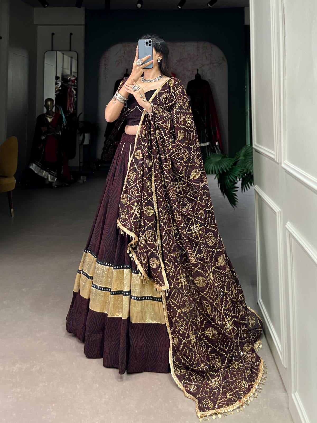 Georgette Bandhej Print with Embossed Print Mirror Work Designer Chaniya Choli (Ready to Wear)with Purse