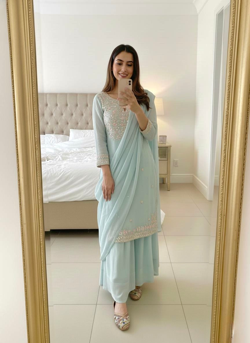 Faux Georgette Sequence Embroidery Work Designer Kurti Palazzo Dupatta Set (Ready to Wear)