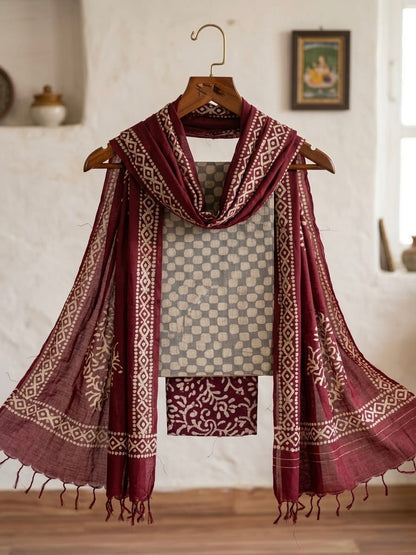 Gadhwal Silk Hand Block Print Batik Dress Material
