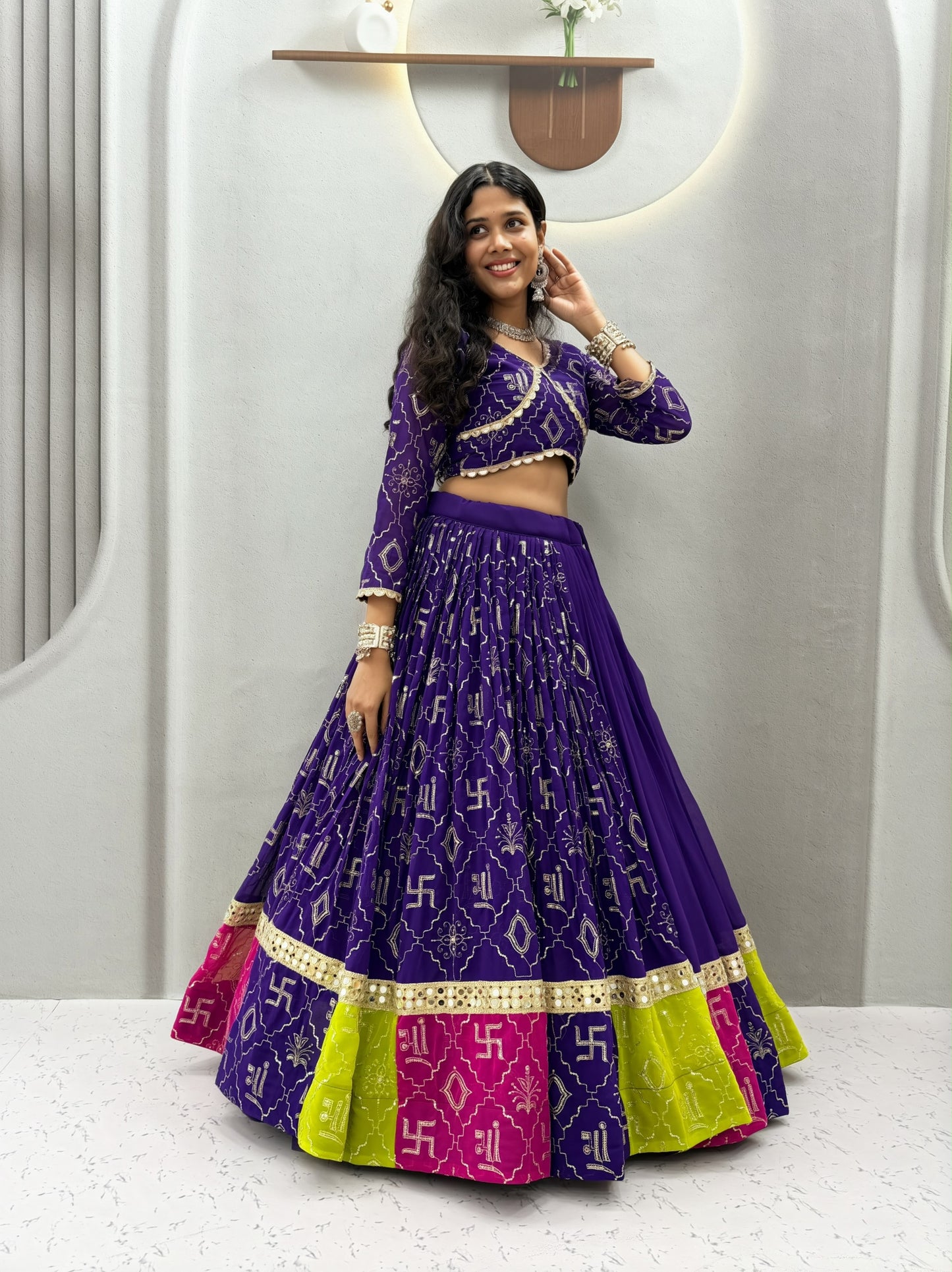 Faux Georgette Mirror Work Designer Chaniya Choli with Dupatta - 6 Meter Flair