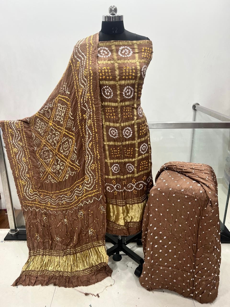 Modal Silk Golden Chex Rai Bandhej Bandhani Dress Material