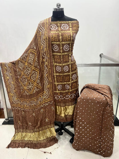 Modal Silk Golden Chex Rai Bandhej Bandhani Dress Material