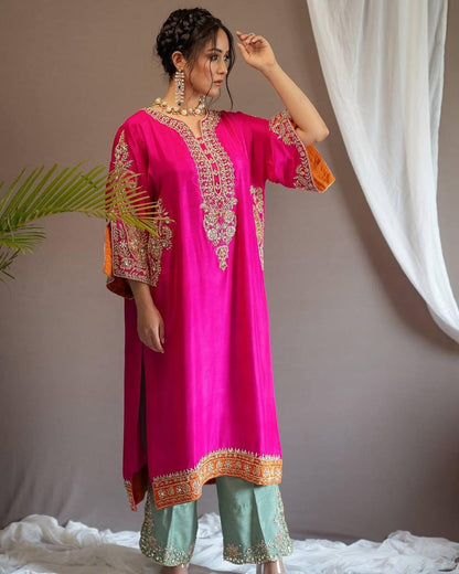 Heavy Chinon Sequence Embroidery work Kurti Palazzo Set (Stitched) - Premium  from Ethenika.com  - Just INR 2990! Shop now at Ethenika.com 