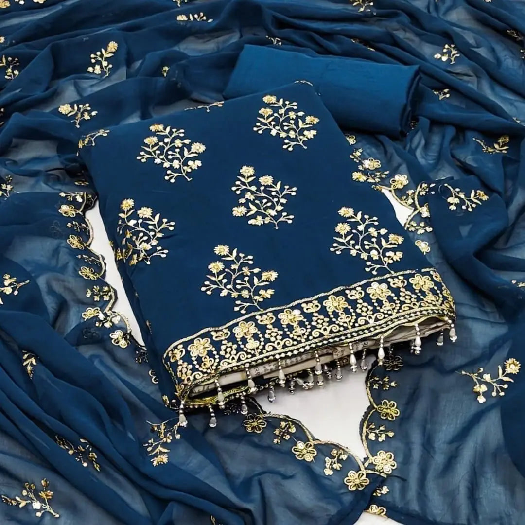Georgette Golden Embroidery lace work Dress Material (Unstitched) Blue Georgette Golden Embroidery lace work Dress Material (Unstitched) Blue