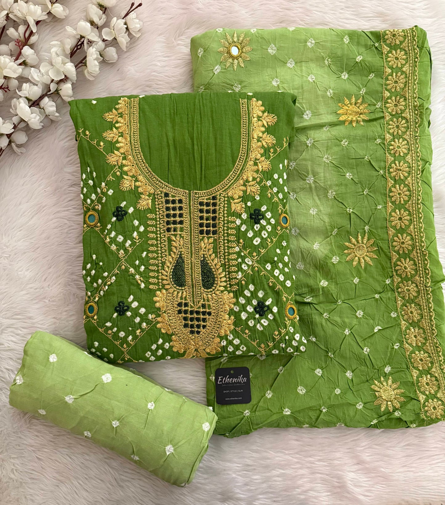 Cotton Golden Thread Embroidery with Real Mirror Work Bandhani Dress Material