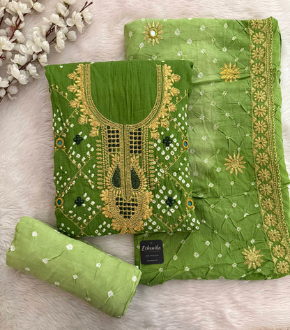 Cotton Golden Thread Embroidery with Real Mirror Work Bandhani Dress Material