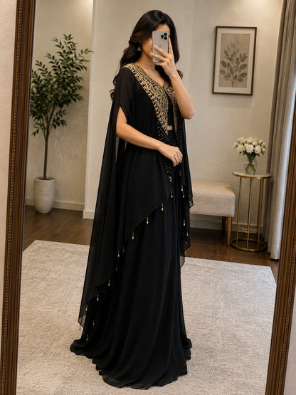 Georgette Zari Embroidery Indowestern Shrug Jacket Set with Plazzo