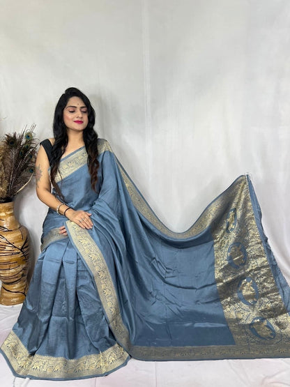 Dola Silk Plain Dye Golden Embroidery Work Silk Saree